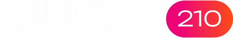 BURO210 Fullservice Marketingbureau Logo met het getal 210 in het wit, tegen een roze-oranje gradiënt achtergrond, prominent aanwezig in de main footer van de website.