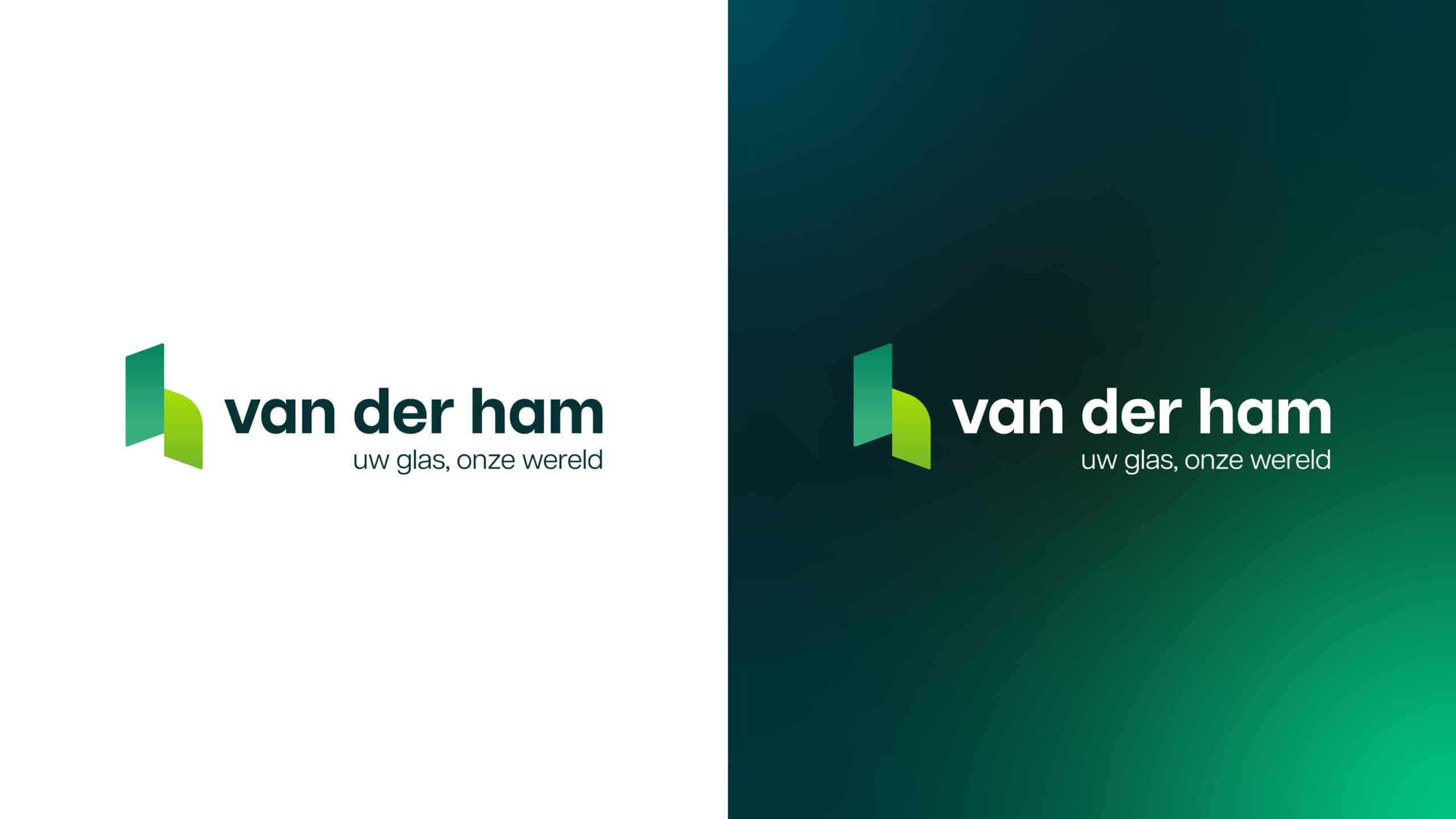 BURO210 Fullservice Marketingbureau Logo van Van Der Ham Glas, specialist in glasoplossingen. Groen logo met de tekst 'uw glas, onze wereld' op witte en groene achtergrond.