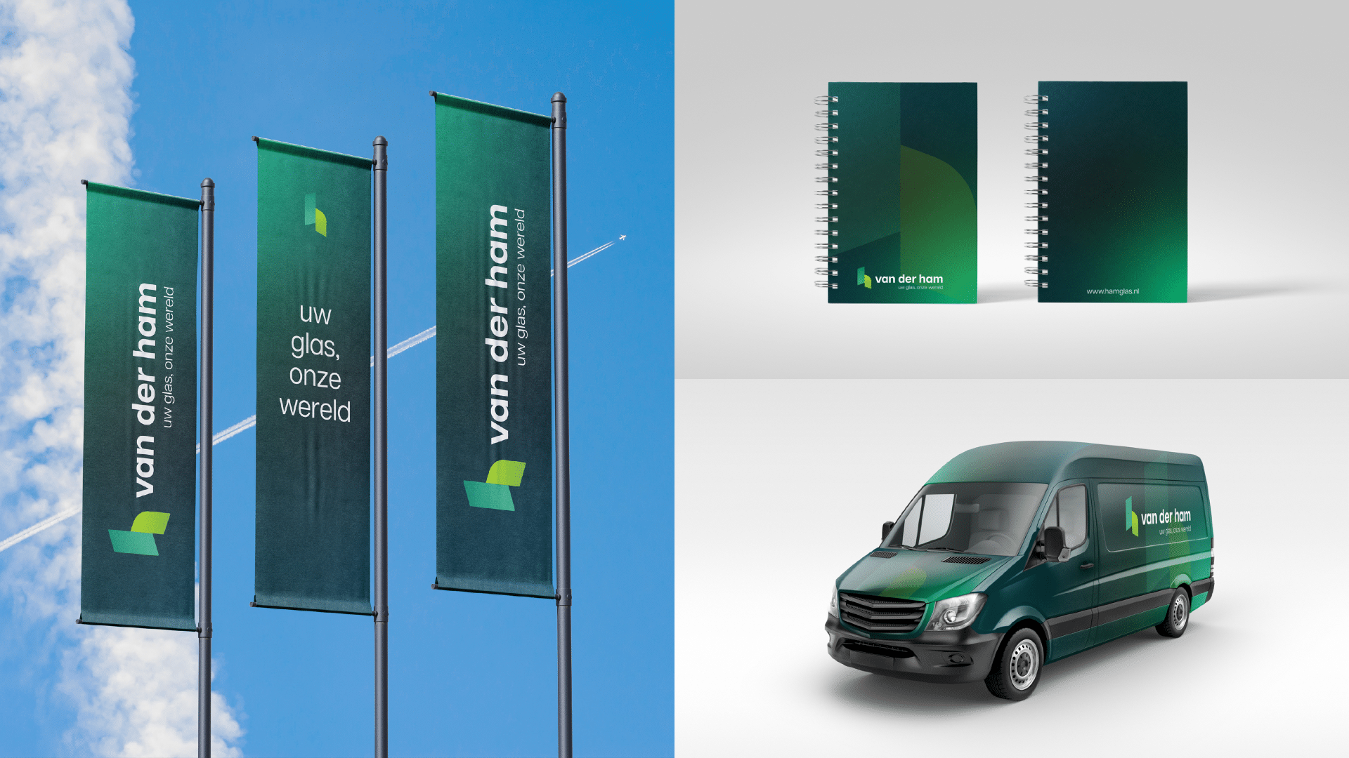 BURO210 Fullservice Marketingbureau Foto van Van Der Ham Glas vlaggen, een bestelwagen en notitieblokken met het logo. Zoek naar glasoplossingen bij Van Der Ham Glas.