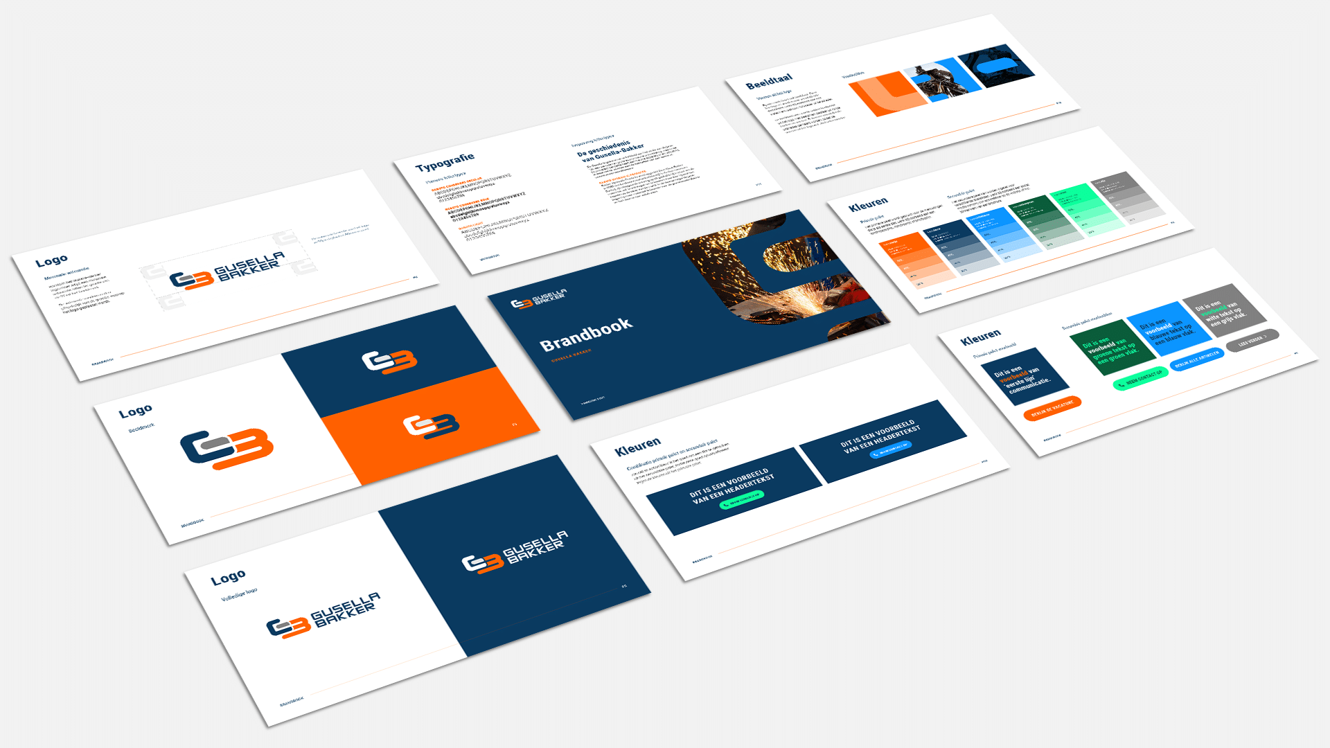 BURO210 Fullservice Marketingbureau Gusella-Bakker brandbook document met voorbeelden van logo, typografie en kleuren voor huisstijl branding in het Nederlands.