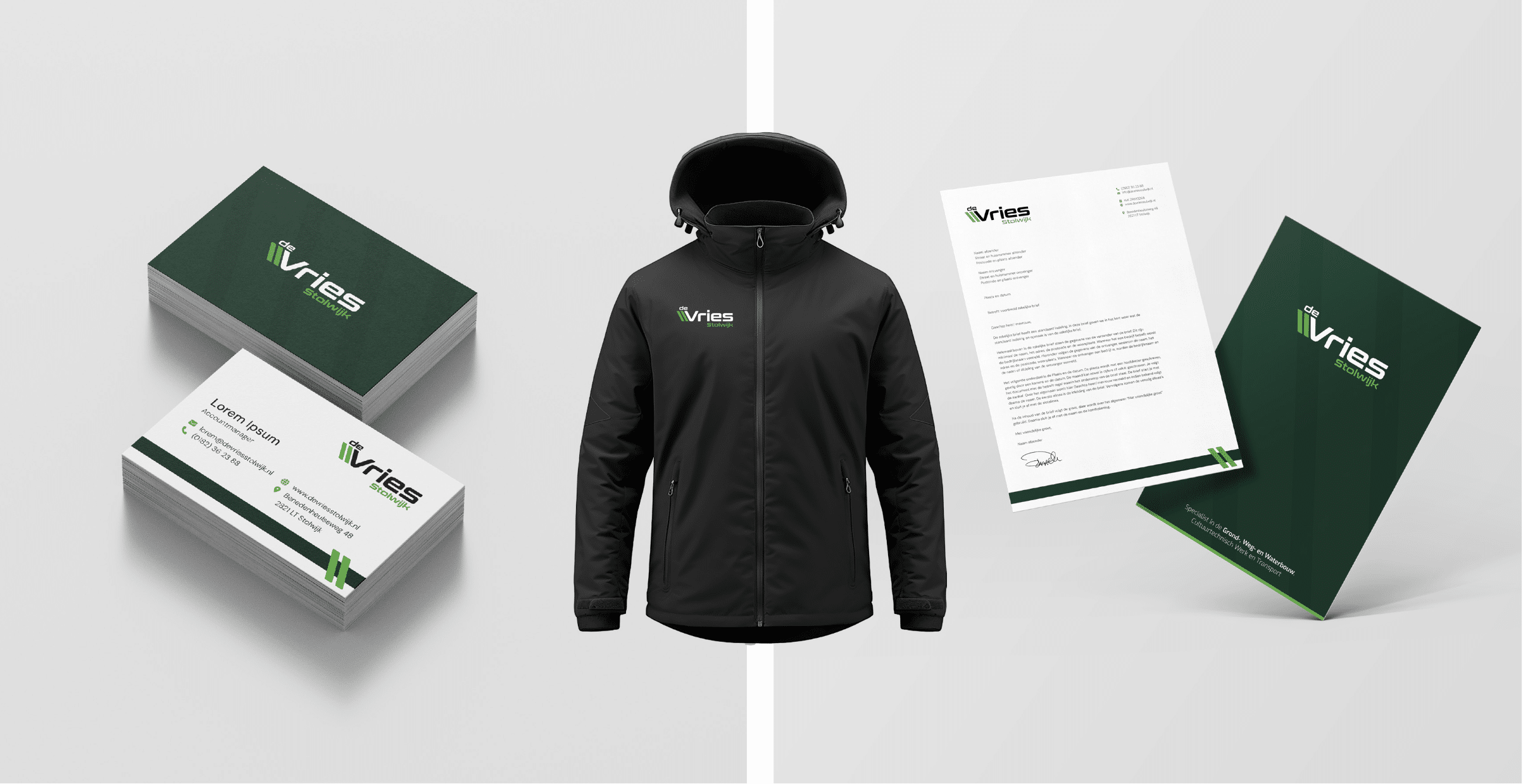 BURO210 Fullservice Marketingbureau Promotie materiaal van De Vries Stolwijk, inclusief visitekaartjes, briefpapier en een jas met het logo. Mooie branding voor De Vries Stolwijk.