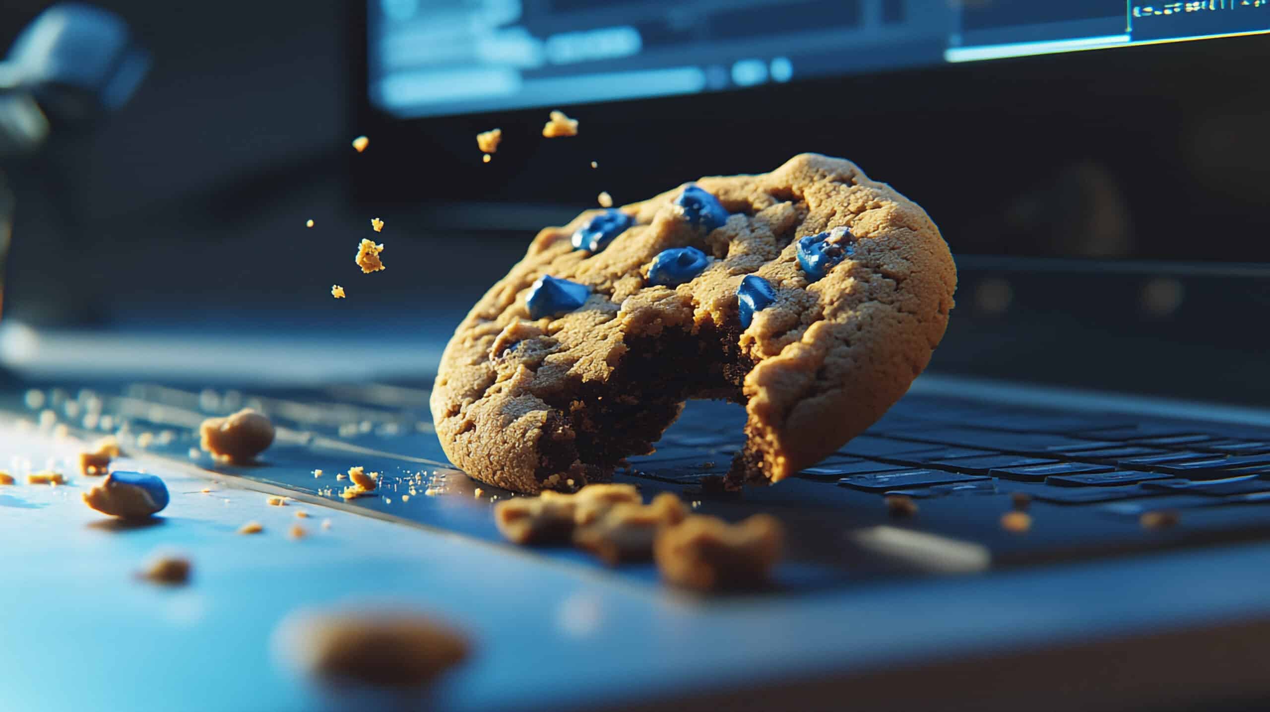BURO210 Fullservice Marketingbureau Een blauwe bes koekje ligt op een laptop, met kruimels verspreid over het toetsenbord. Cookies zijn geen vinkje meer, maar gewoon lekker! Focus op privacy online.