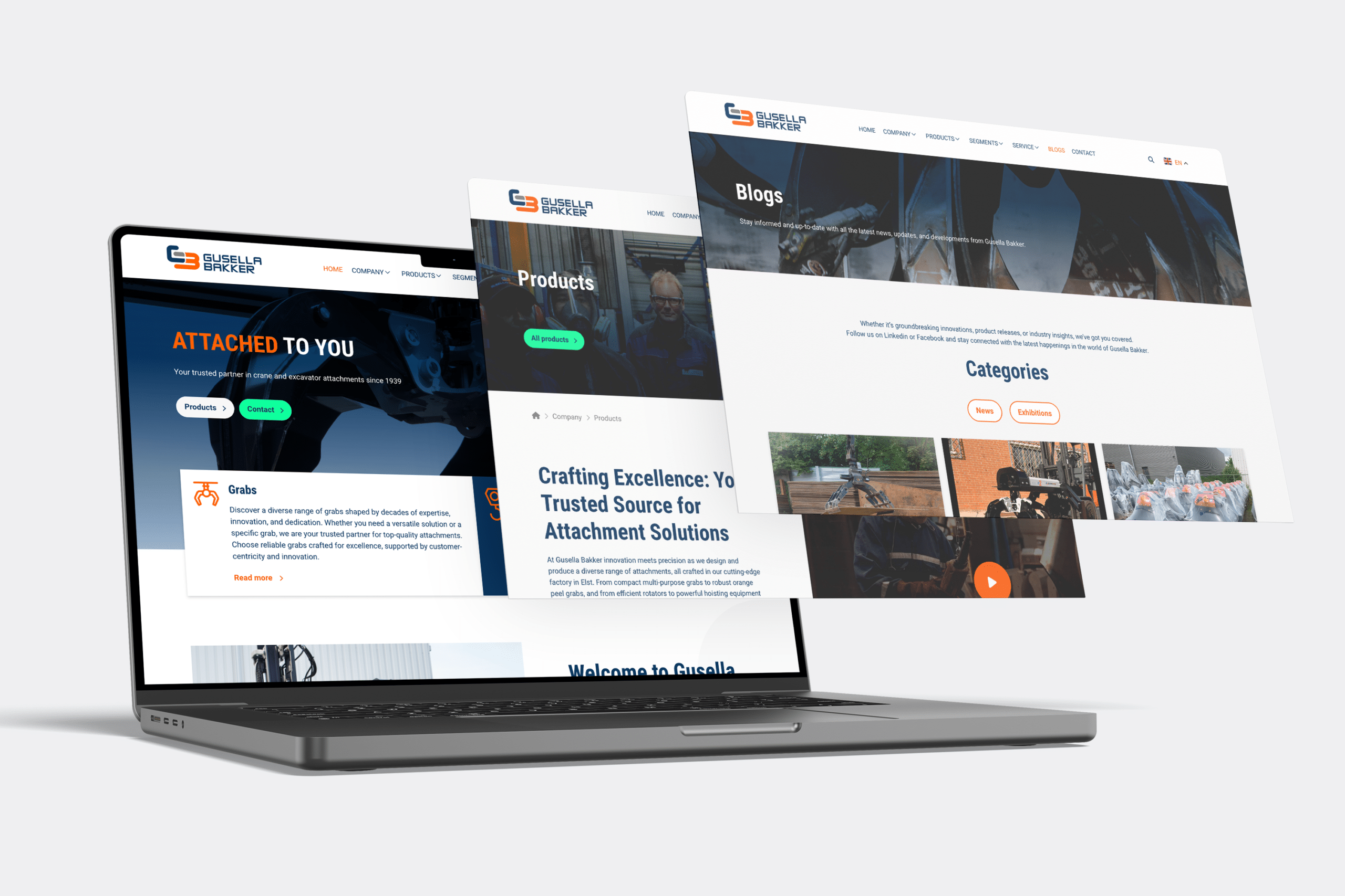 BURO210 Fullservice Marketingbureau Laptop met de website van Gusella-Bakker, een specialist in kraan- en graafmachine accessoires. Bekijk de producten, blogs en contact informatie. Gusella-Bakker innovatie.