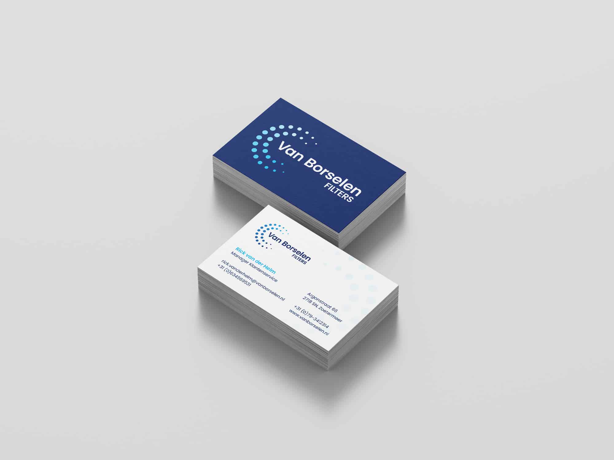 BURO210 Fullservice Marketingbureau Visitekaartjes van Van Borselen Filters in Zoetermeer, met contactgegevens van Rick van der Helm en website adres van het bedrijf.