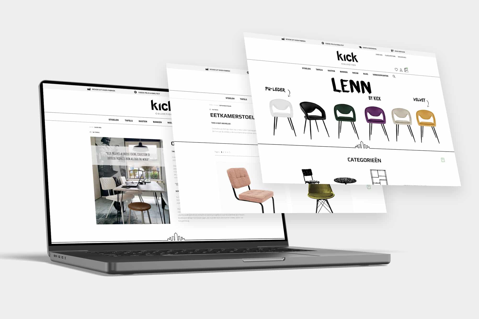 BURO210 Fullservice Marketingbureau Laptop met de Kick Collection website, toont stoelen en interieurinspiratie. Bekijk de nieuwste collectie online en vind jouw favoriete meubels!