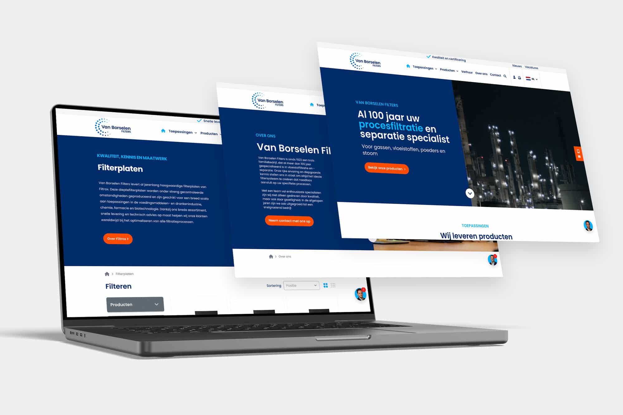 BURO210 Fullservice Marketingbureau Laptop met de website van Van Borselen Filters, specialist in procesfiltratie. Bekijk onze oplossingen voor vloeistoffiltratie en luchtfiltratie, een familiebedrijf sinds 1922.