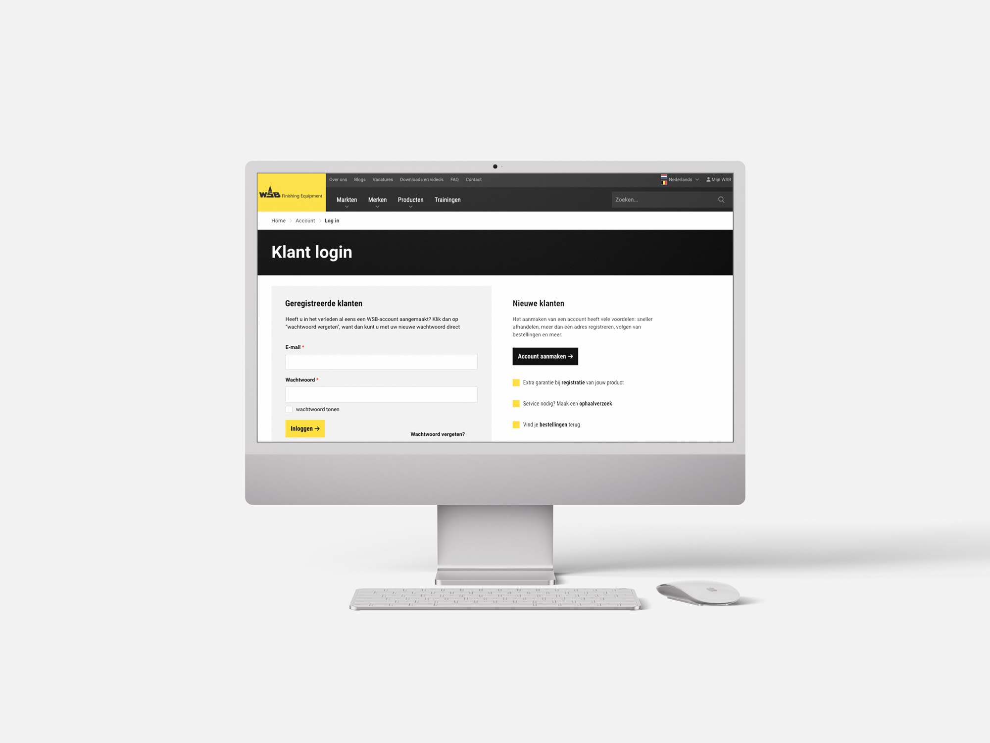 BURO210 Fullservice Marketingbureau Inlogpagina van WSB Benelux op een computer. Inloggen voor geregistreerde klanten of een account aanmaken voor nieuwe klanten bij WSB Benelux.