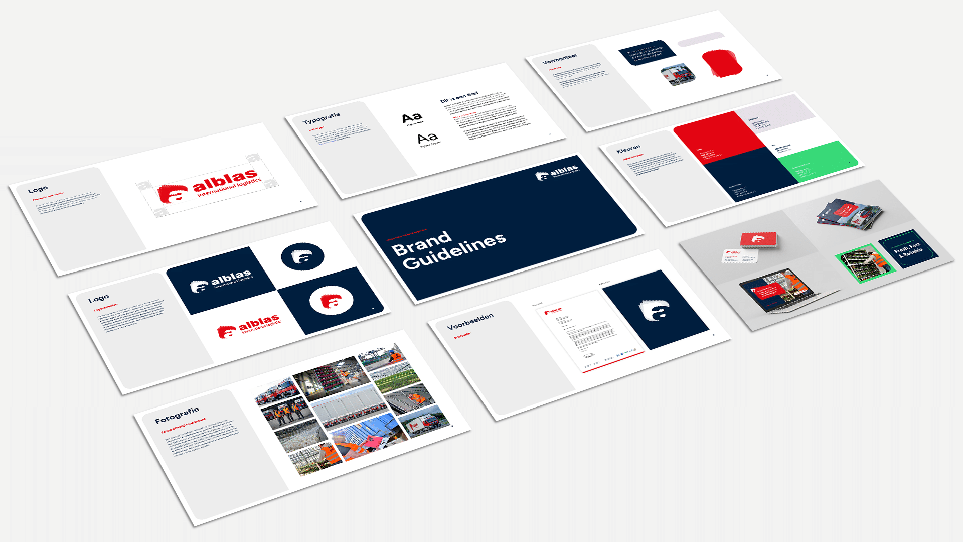 BURO210 Fullservice Marketingbureau Brandrichtlijnen van Alblas International Transport, met het logo, typografie, kleuren en voorbeelden van toepassingen. Bekijk de huisstijl van Alblas International.
