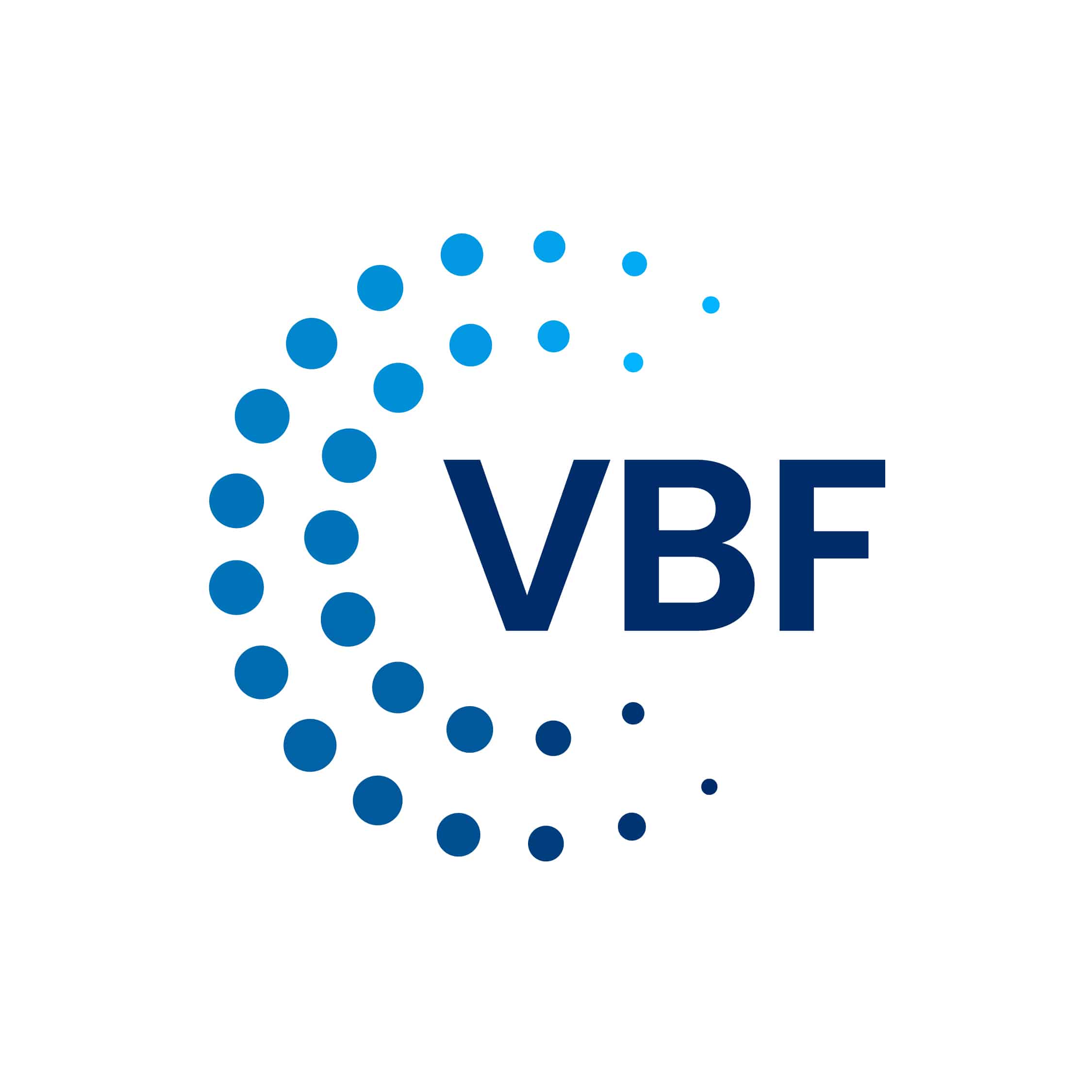 BURO210 Fullservice Marketingbureau Logo van VBF met blauwe stippen rondom de letters. Stephanie Valkenburg heeft mogelijk connecties met deze organisatie. Een modern en strak logo.