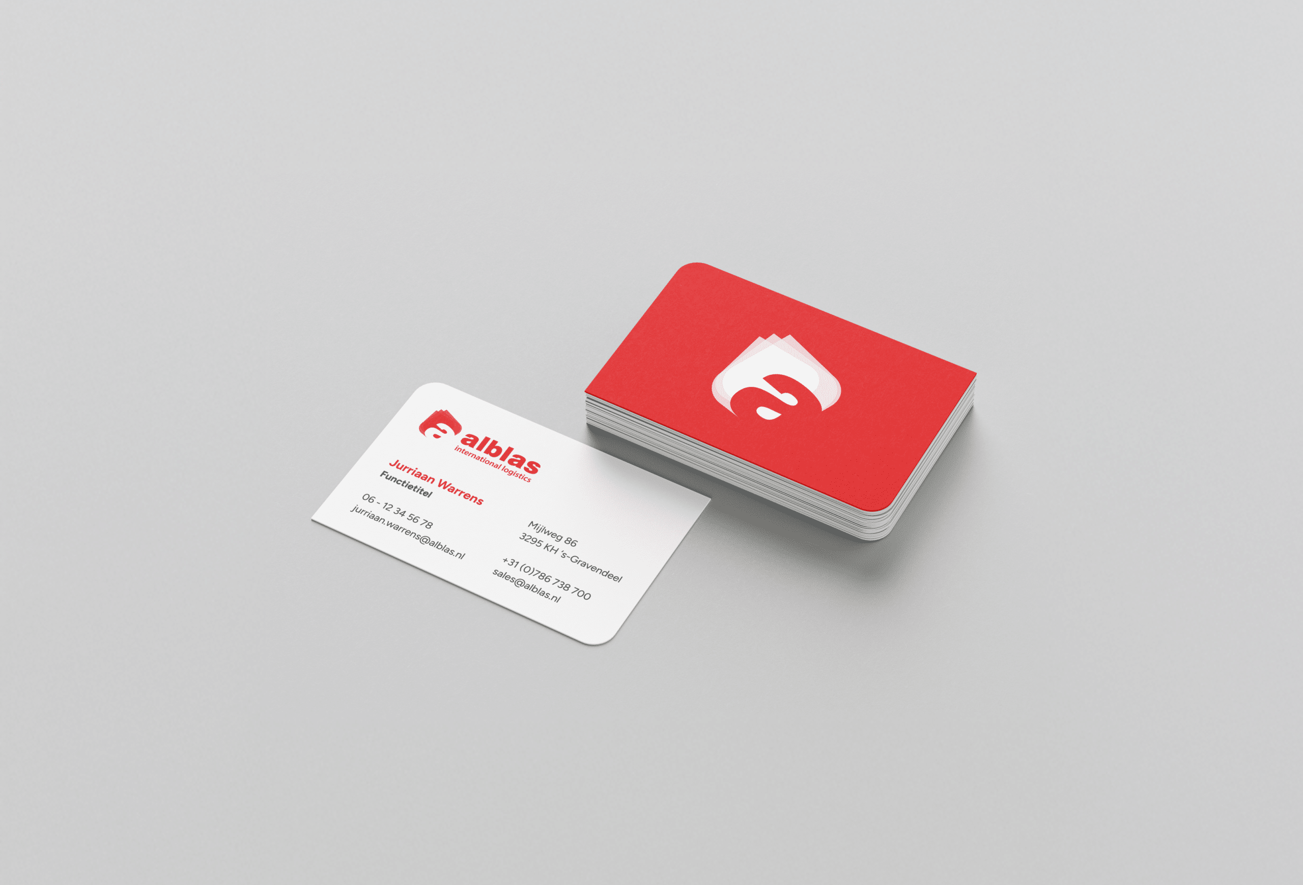 BURO210 Fullservice Marketingbureau Visitekaartjes van Alblas International Transport, met logo en contactgegevens van Jurriaan Warrens, in het Nederlands.